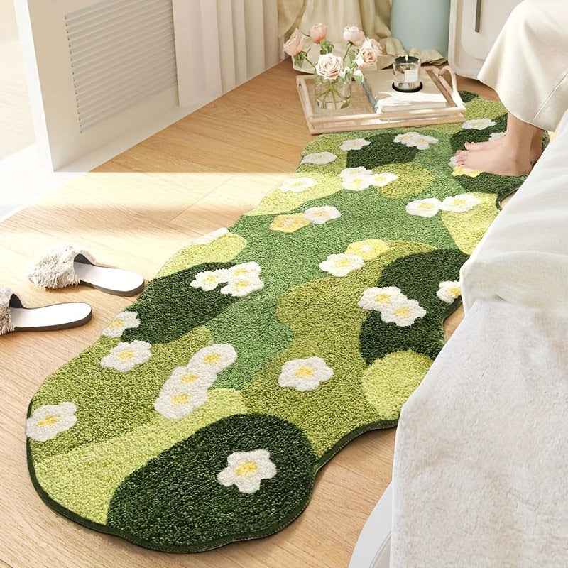Extra-Long Irregular Shaped Mat - Plush Soft Green Moss & White Daisy Pattern Floor Mat