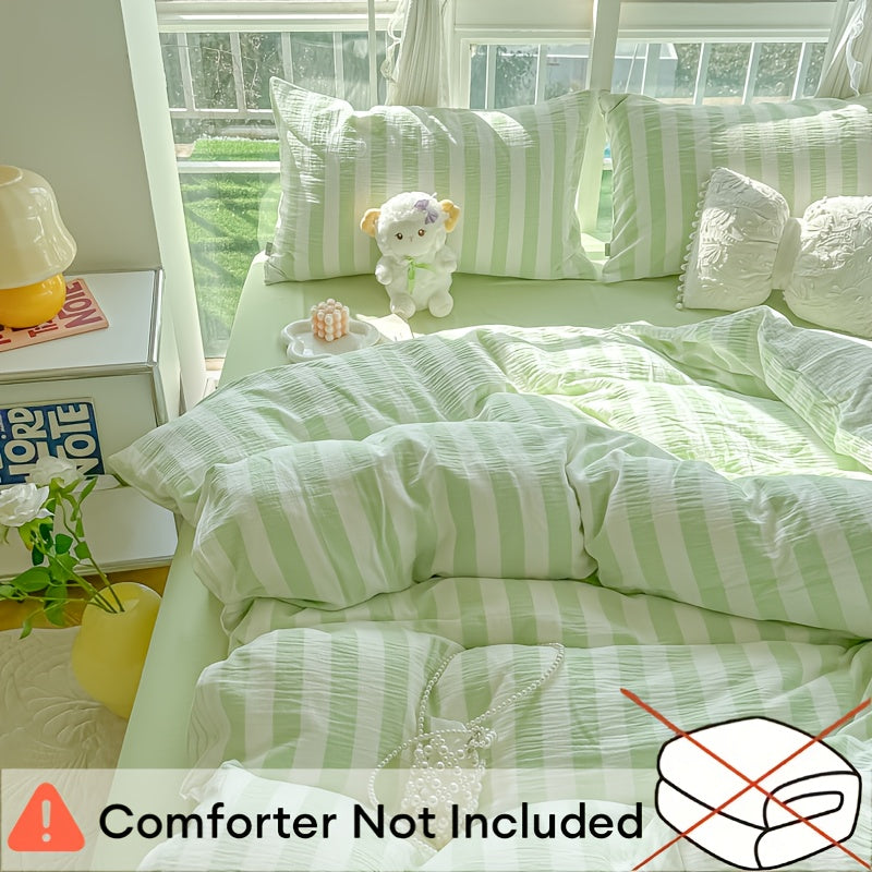 4pcs Bedding Set - Spring Green Striped Print Washable Polyester - 4pcs Sheet Set Including 1 Fitted Sheet