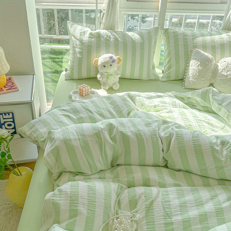 4pcs Bedding Set - Spring Green Striped Print Washable Polyester - 4pcs Sheet Set Including 1 Fitted Sheet