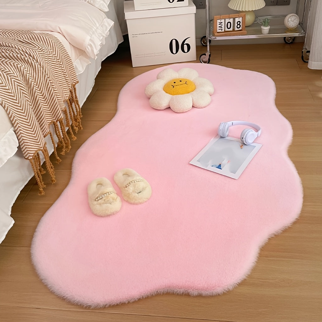 A Uniquely Shaped Solid Color Rug Made of Faux Rabbit Fur Material, Featuring a Fluffy