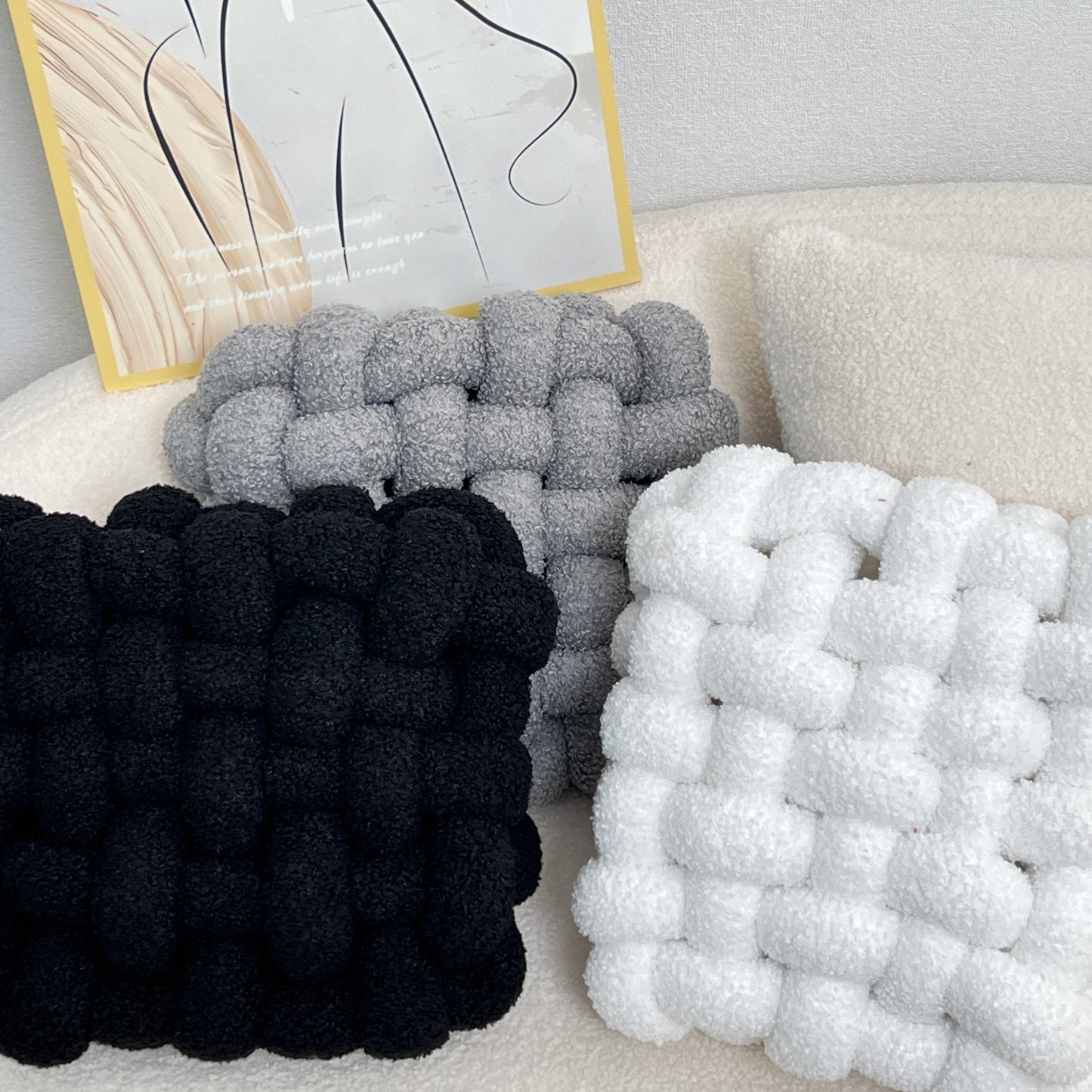 YLBKIKR 12-Inch Round Knotted Throw Pillow - Plush Teddy Velvet Geometric Pattern Decorative Cushion