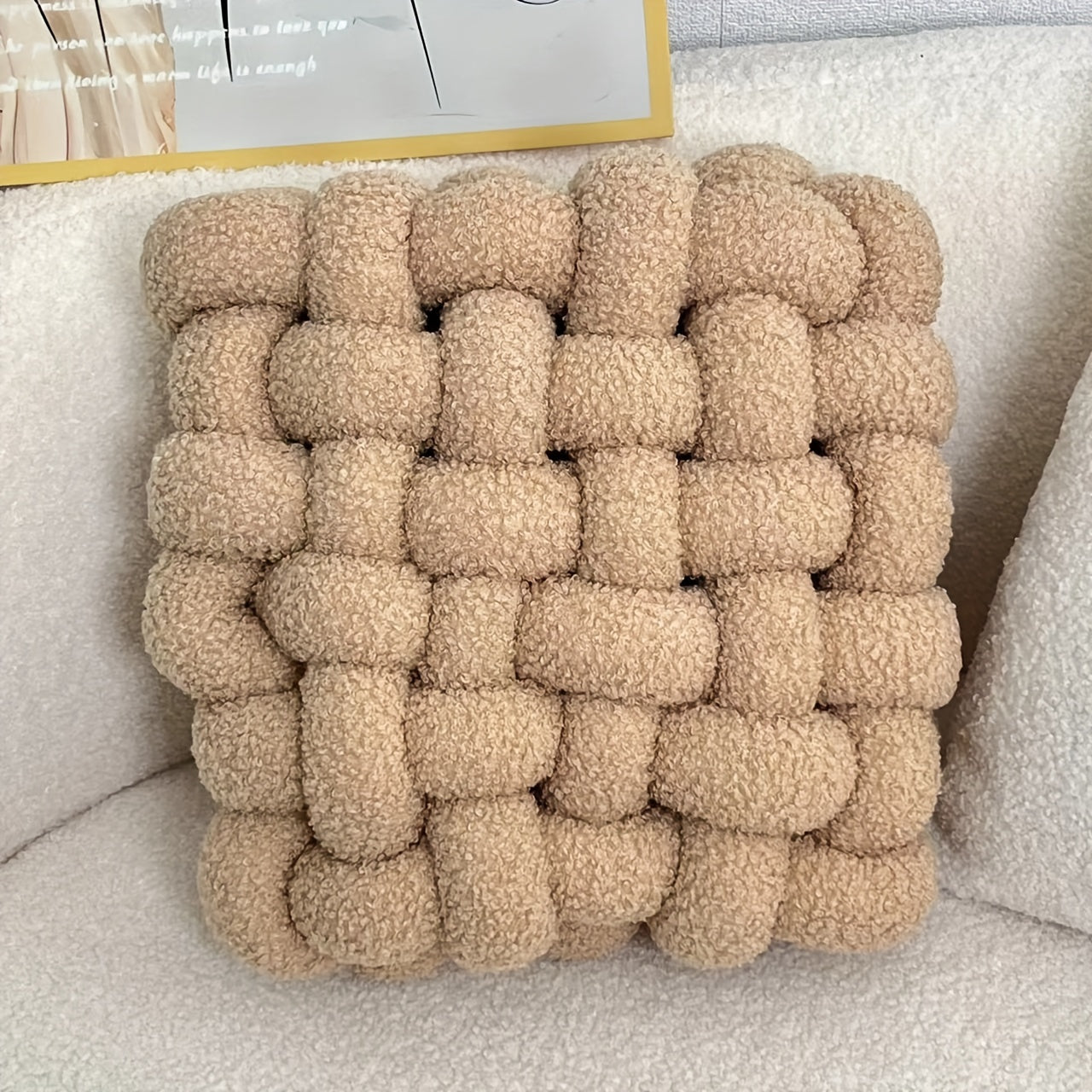 YLBKIKR 12-Inch Round Knotted Throw Pillow - Plush Teddy Velvet Geometric Pattern Decorative Cushion