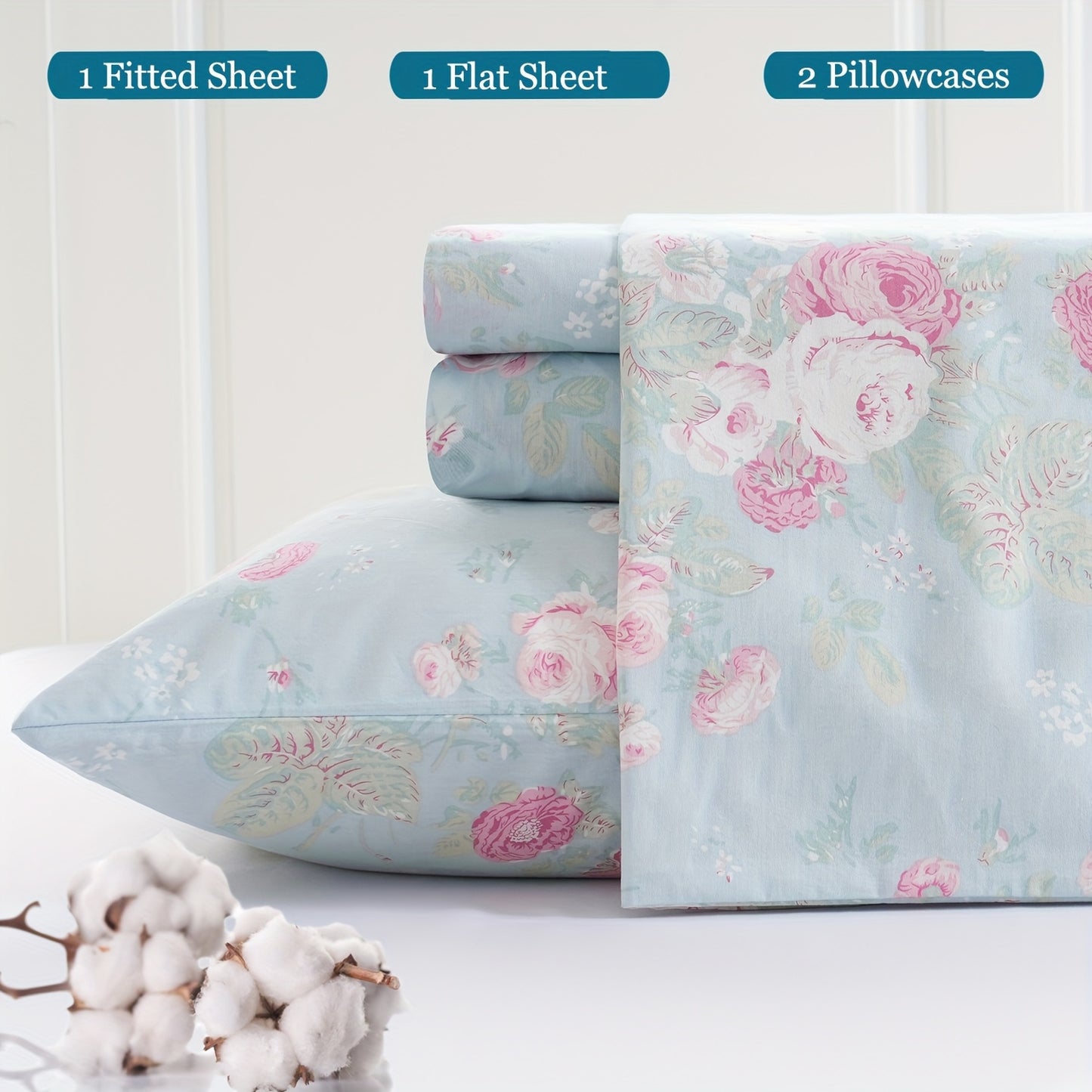 Zusbest 4pcs 100% Cotton Blue Floral Bed Sheets Set Luxury Shabby