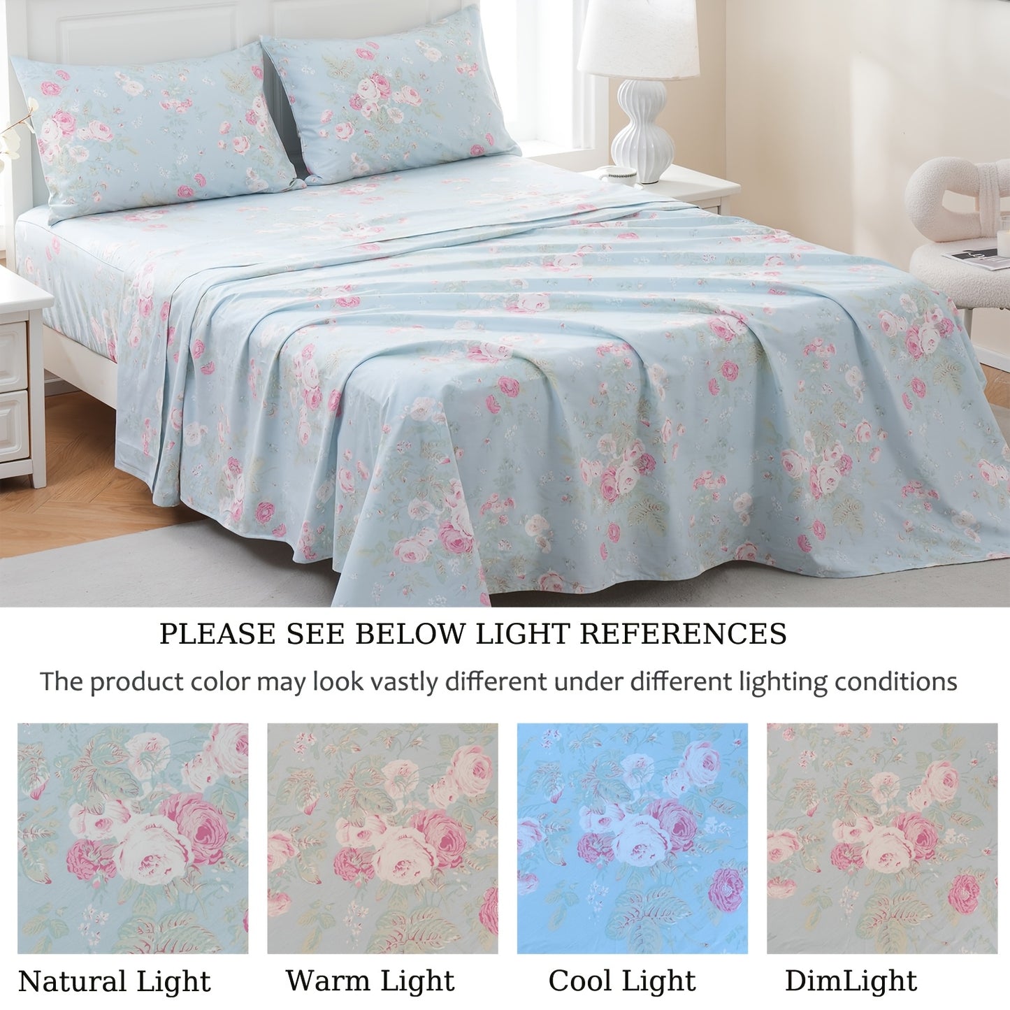 Zusbest 4pcs 100% Cotton Blue Floral Bed Sheets Set Luxury Shabby
