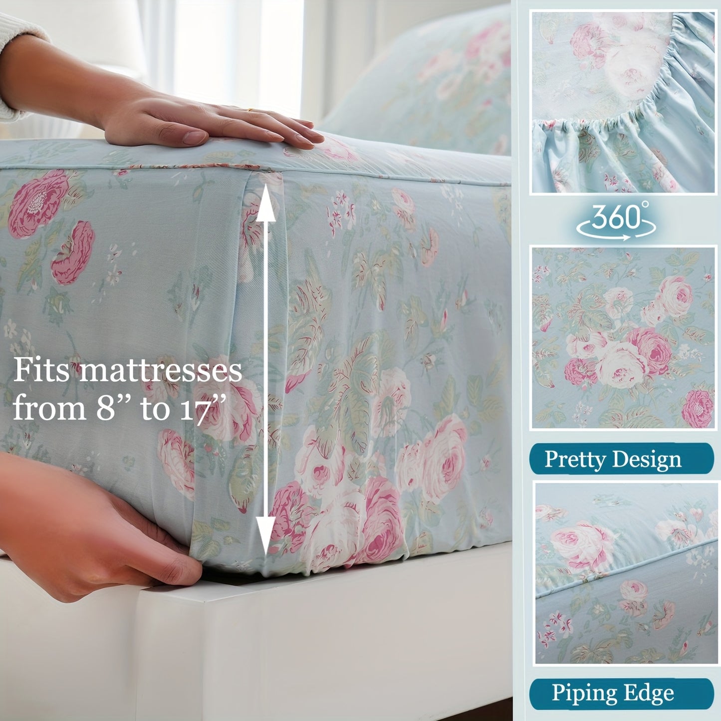 Zusbest 4pcs 100% Cotton Blue Floral Bed Sheets Set Luxury Shabby
