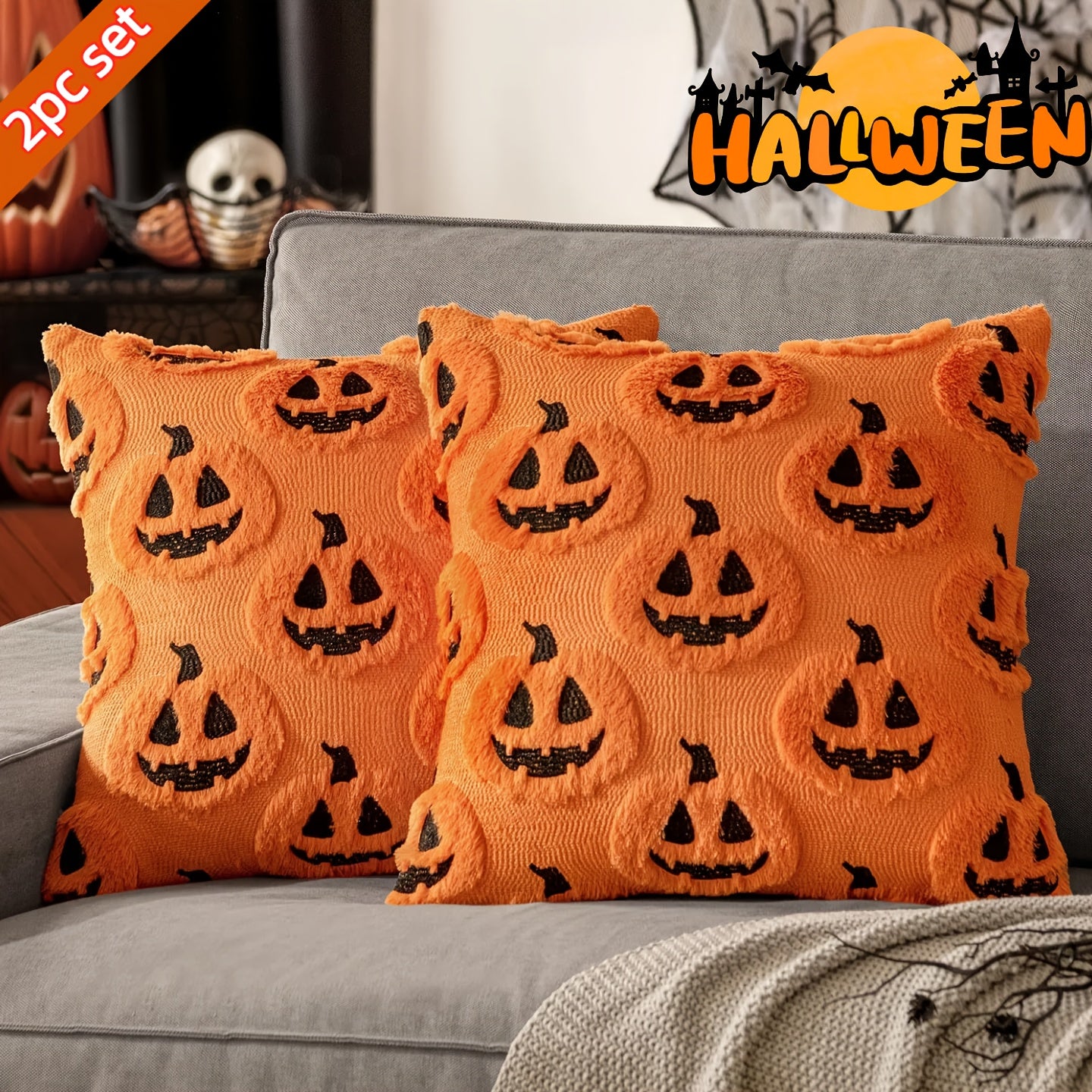 2pcs Of Halloween Ghost Pumpkin Embroidery Pattern Pillowcases, Autumn And Winter Thick Living Room