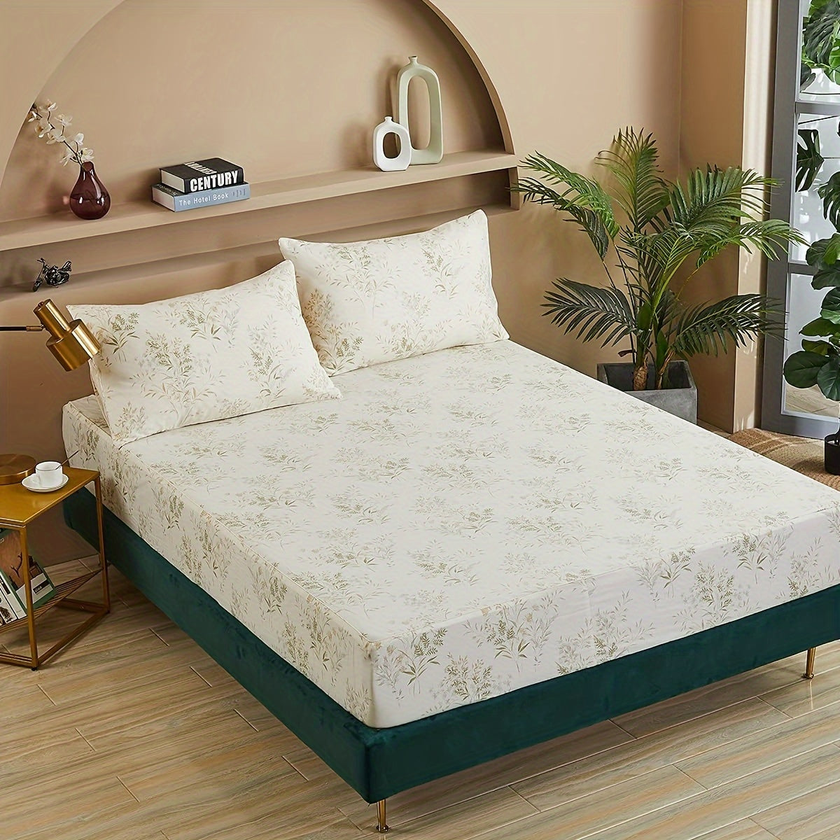 Botanical Bliss 4pcs Bedding Set - Ultra-Soft 100% Cotton, Breathable Floral & Leaf Print with Deep Pockets