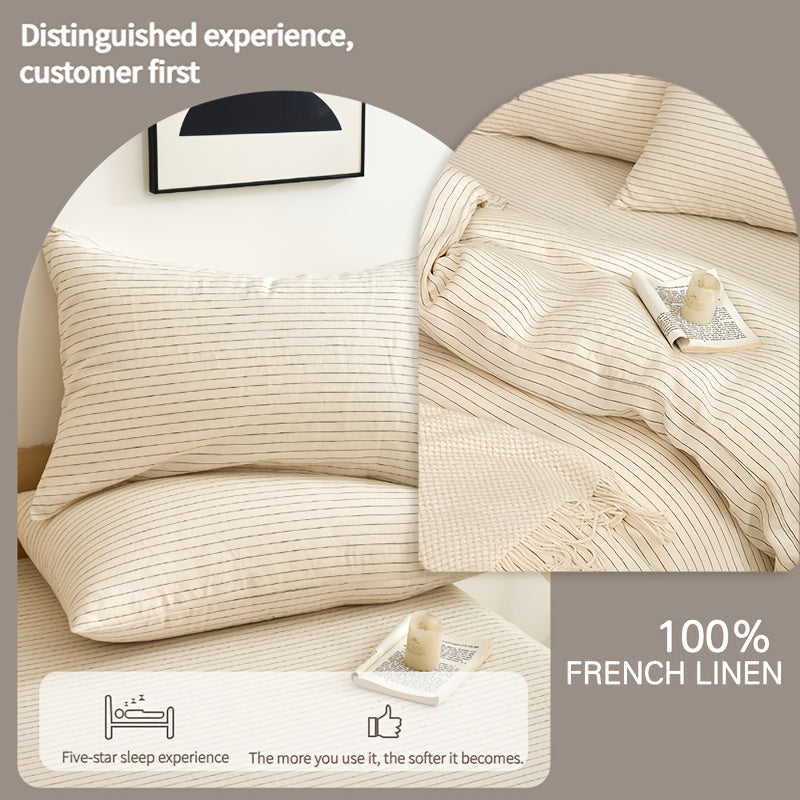 4pcs 100% French Linen Double Bedding Set, 4pcs Set Includes 1 Duvet Cover