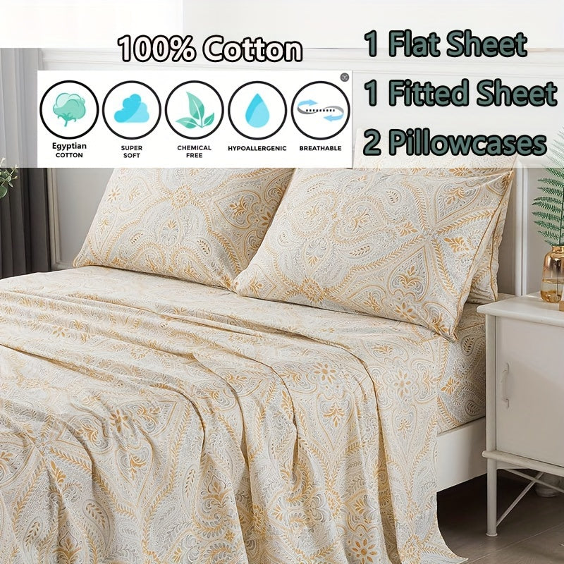 4pcs 100% Sheets Set Classical Damask Paisley Bedding Luxurious Golden Classy Paisley Bed Sheet Set Breathable