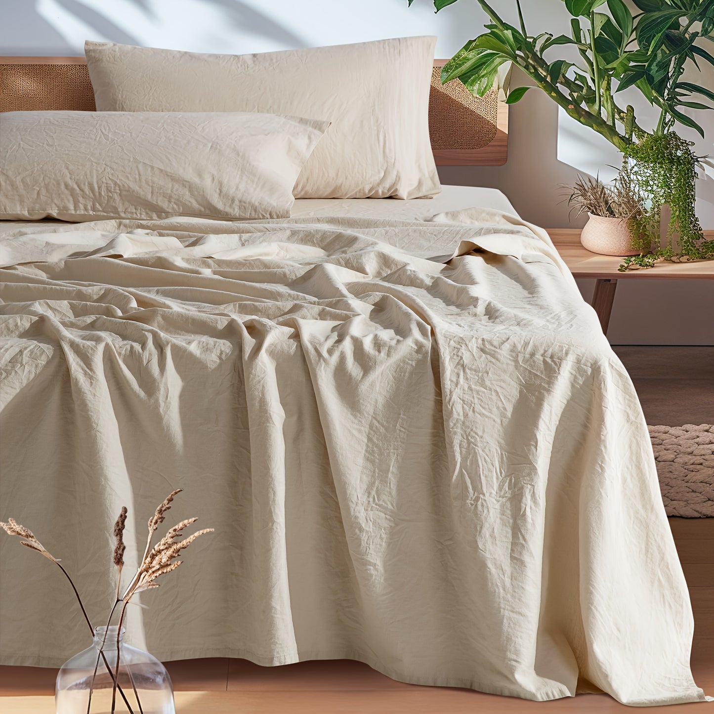 LBR02M Linen Sheet Set, Bed Sheets 4pcs Set, Solid Color Natural Flax Blend Soft Breathable Bedding