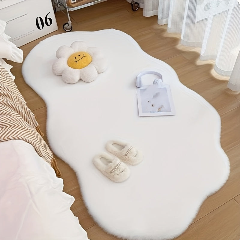 A Uniquely Shaped Solid Color Rug Made of Faux Rabbit Fur Material, Featuring a Fluffy