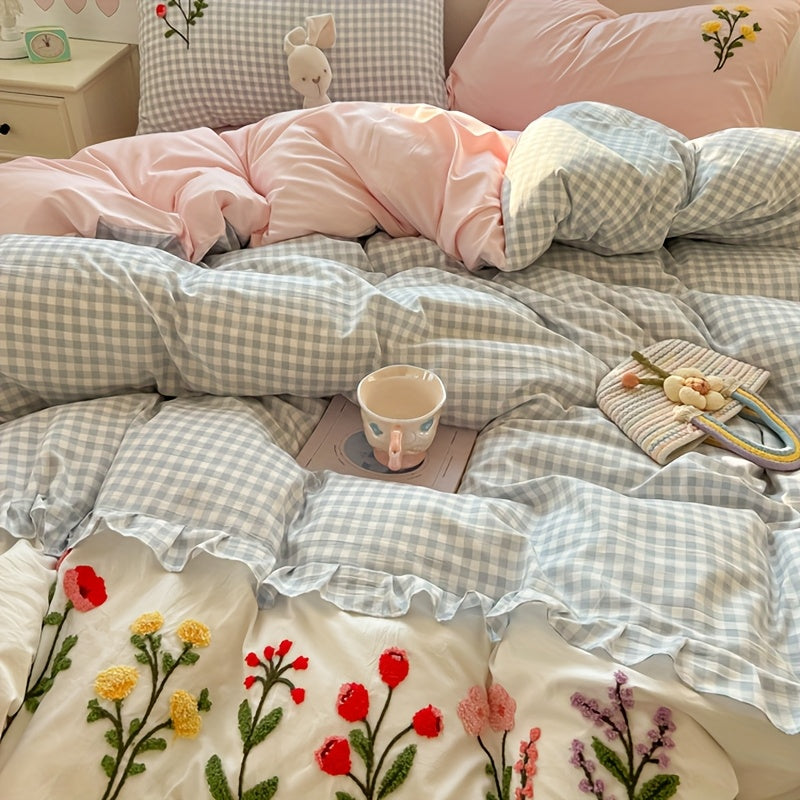 Flower and Lace Bedding Set, Blue Plaid + Colorful Floral Pattern