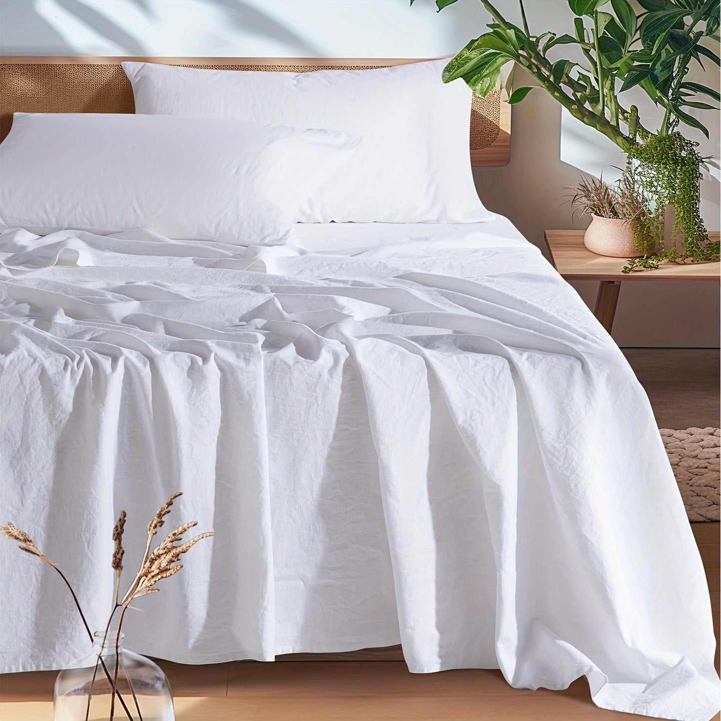 LBR02M Linen Sheet Set, Bed Sheets 4pcs Set, Solid Color Natural Flax Blend Soft Breathable Bedding