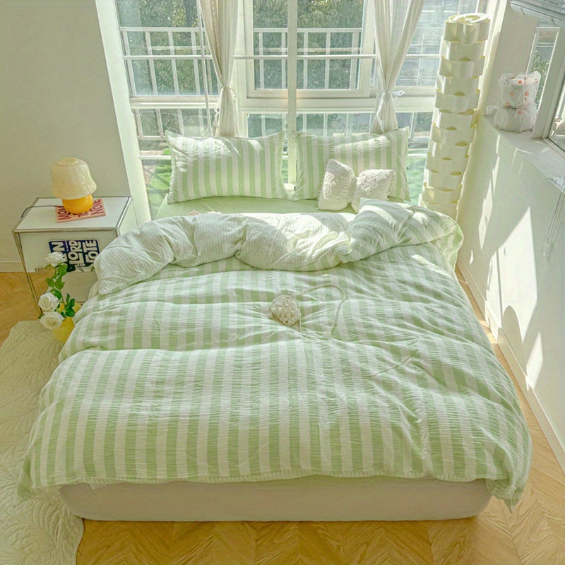 4pcs Bedding Set - Spring Green Striped Print Washable Polyester - 4pcs Sheet Set Including 1 Fitted Sheet