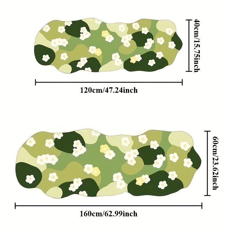 Extra-Long Irregular Shaped Mat - Plush Soft Green Moss & White Daisy Pattern Floor Mat