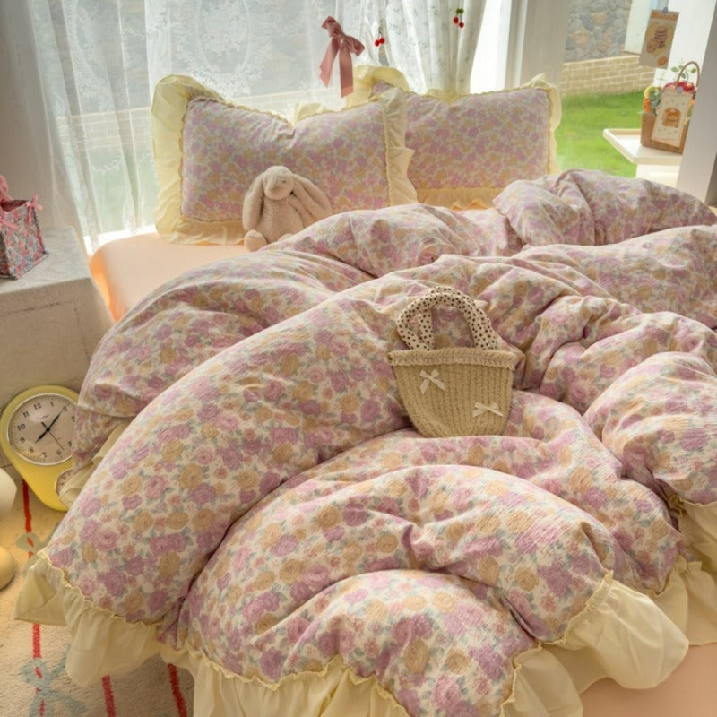 4pcs Bed Sheet Set, Trendy Small Floral American Lace Bedding Set