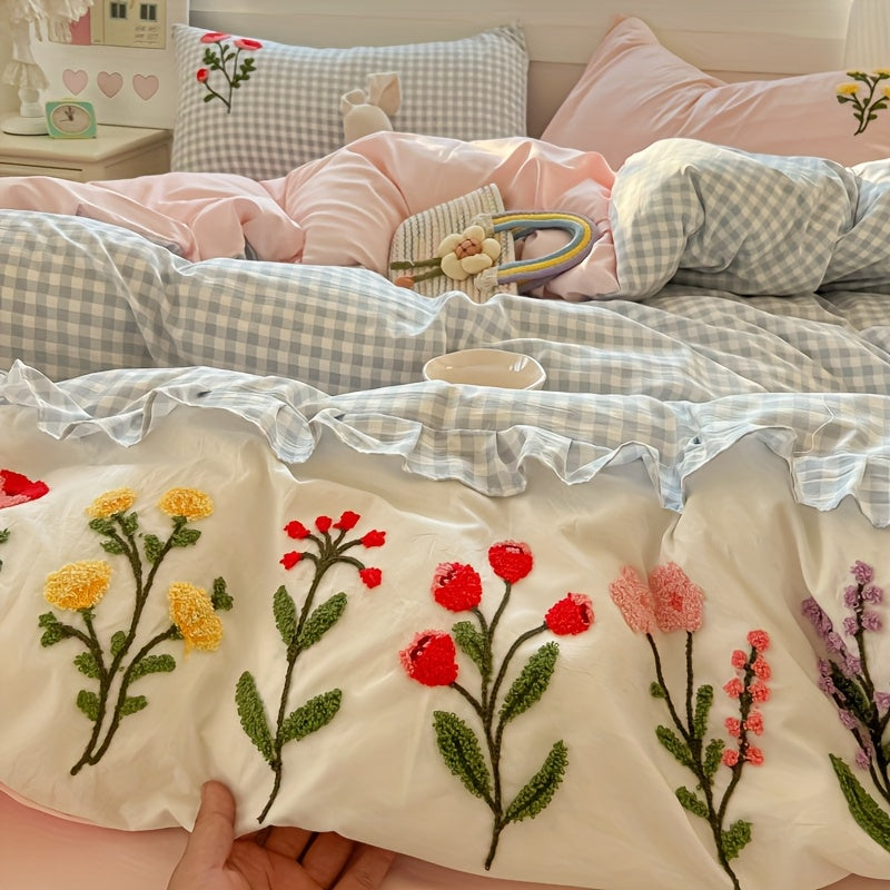 Flower and Lace Bedding Set, Blue Plaid + Colorful Floral Pattern