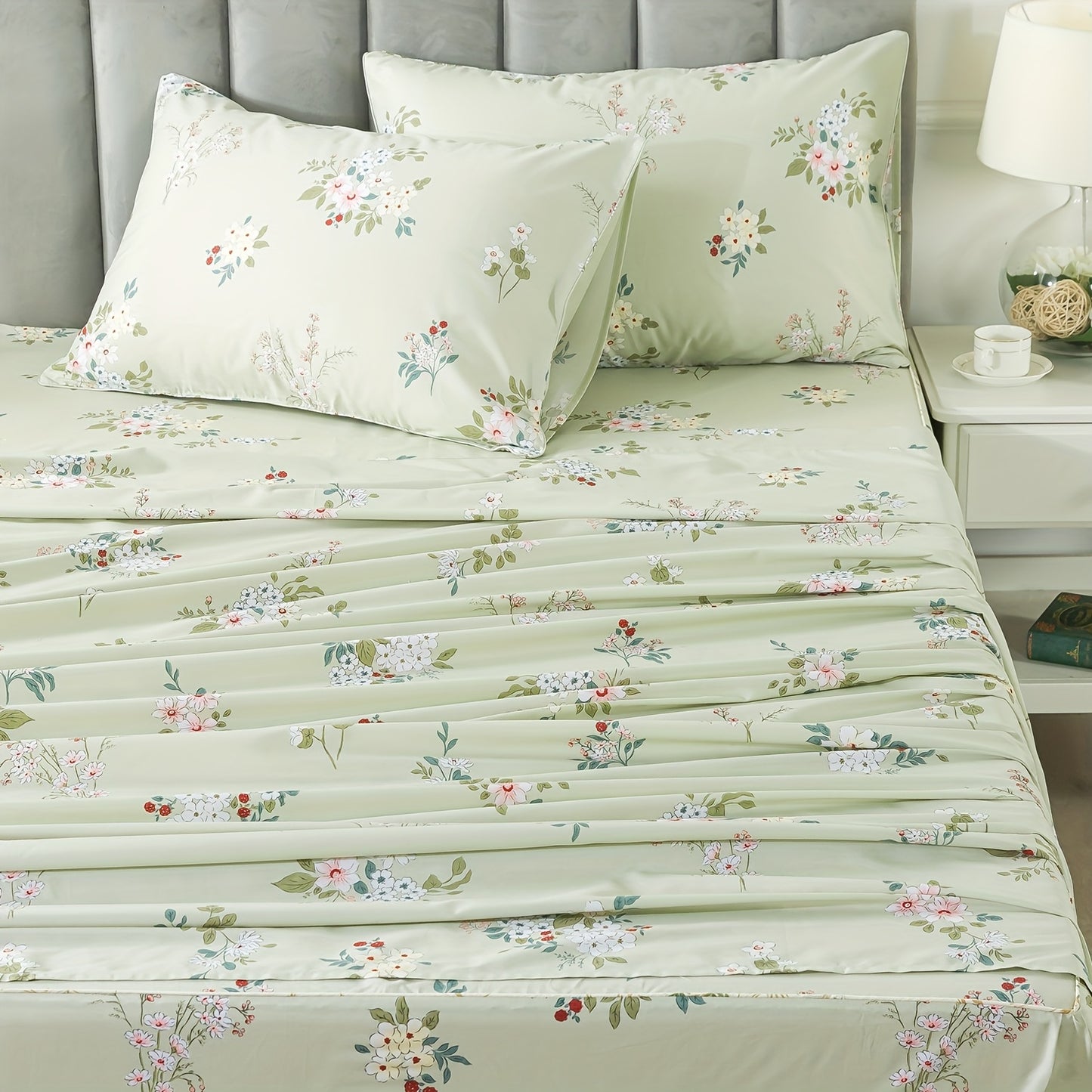 Floral Bed Sheet Set Percale Cotton Shabby Vintage Chic Rose Deep Pocket Sheets Sage Green