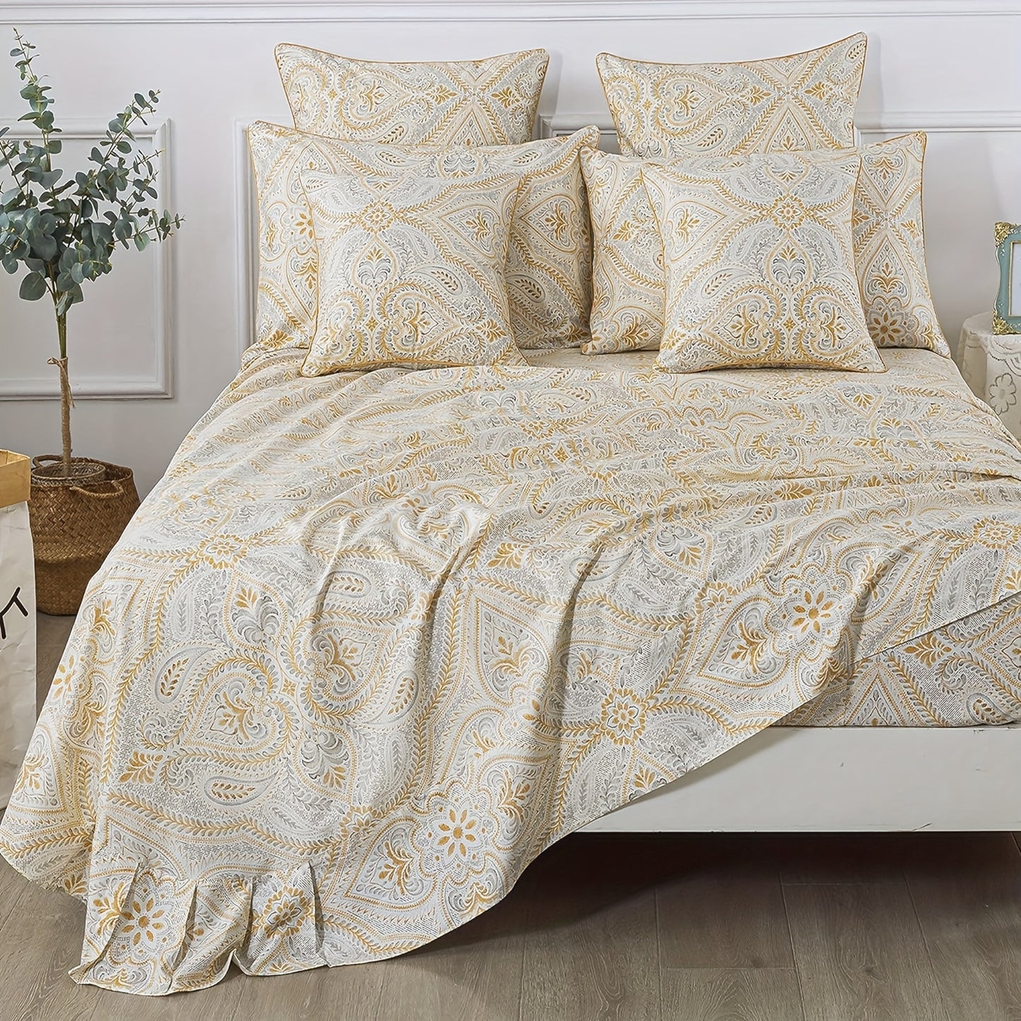 4pcs 100% Sheets Set Classical Damask Paisley Bedding Luxurious Golden Classy Paisley Bed Sheet Set Breathable
