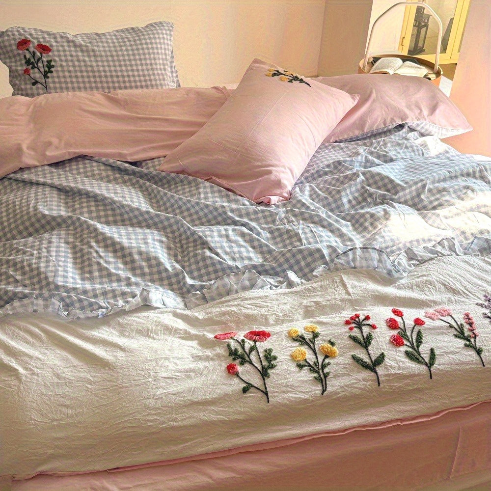 Flower and Lace Bedding Set, Blue Plaid + Colorful Floral Pattern