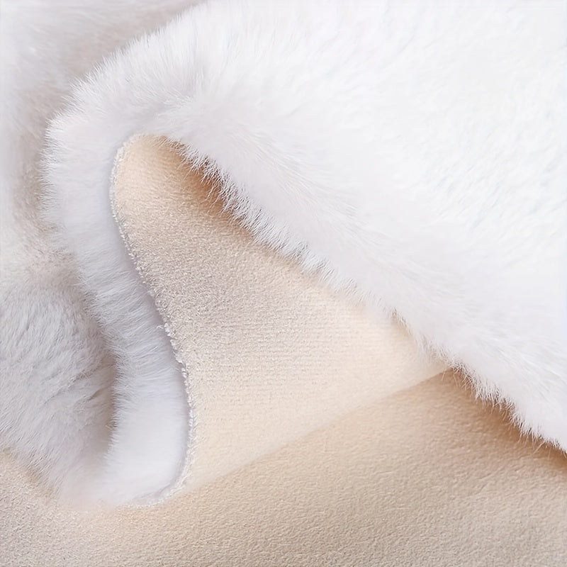 A Uniquely Shaped Solid Color Rug Made of Faux Rabbit Fur Material, Featuring a Fluffy