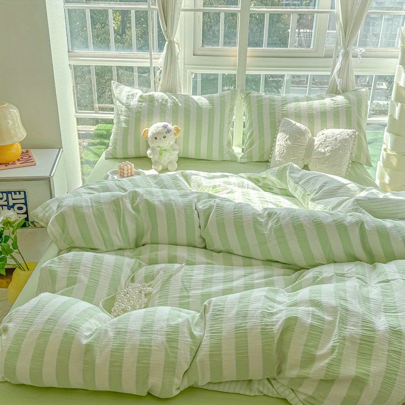 4pcs Bedding Set - Spring Green Striped Print Washable Polyester - 4pcs Sheet Set Including 1 Fitted Sheet
