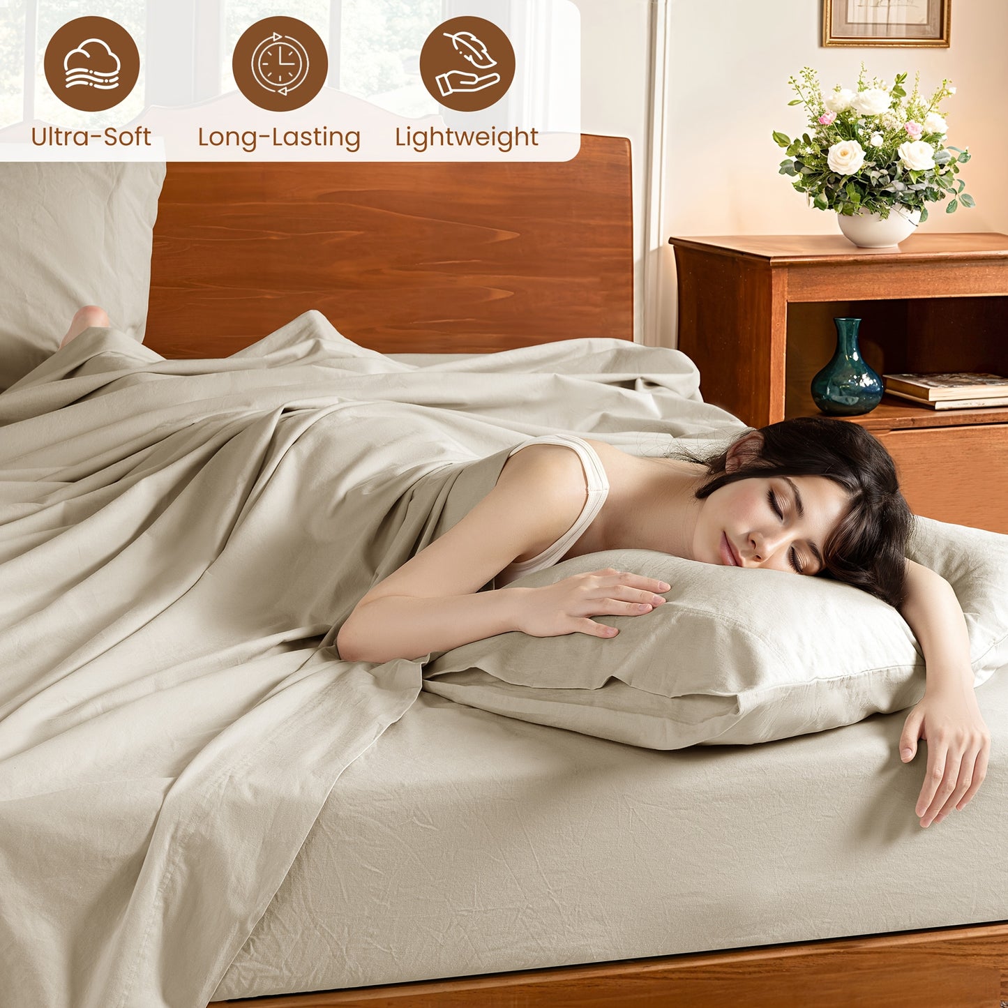 4pcs Linen Bed Set, Breathable and Durable Bed Sheets, 16-Inch Deep Pocket Fitted Sheet