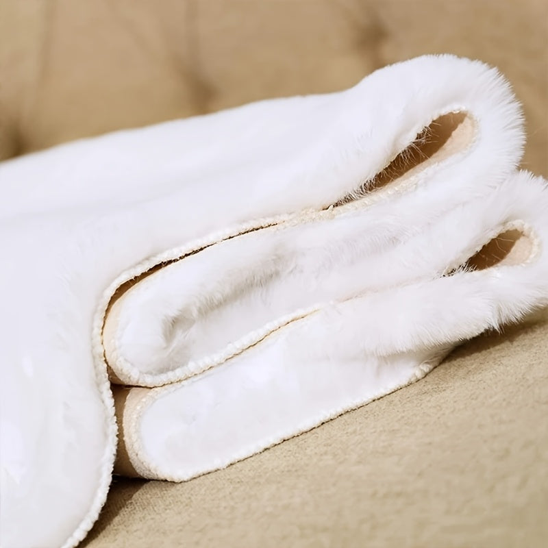 A Uniquely Shaped Solid Color Rug Made of Faux Rabbit Fur Material, Featuring a Fluffy