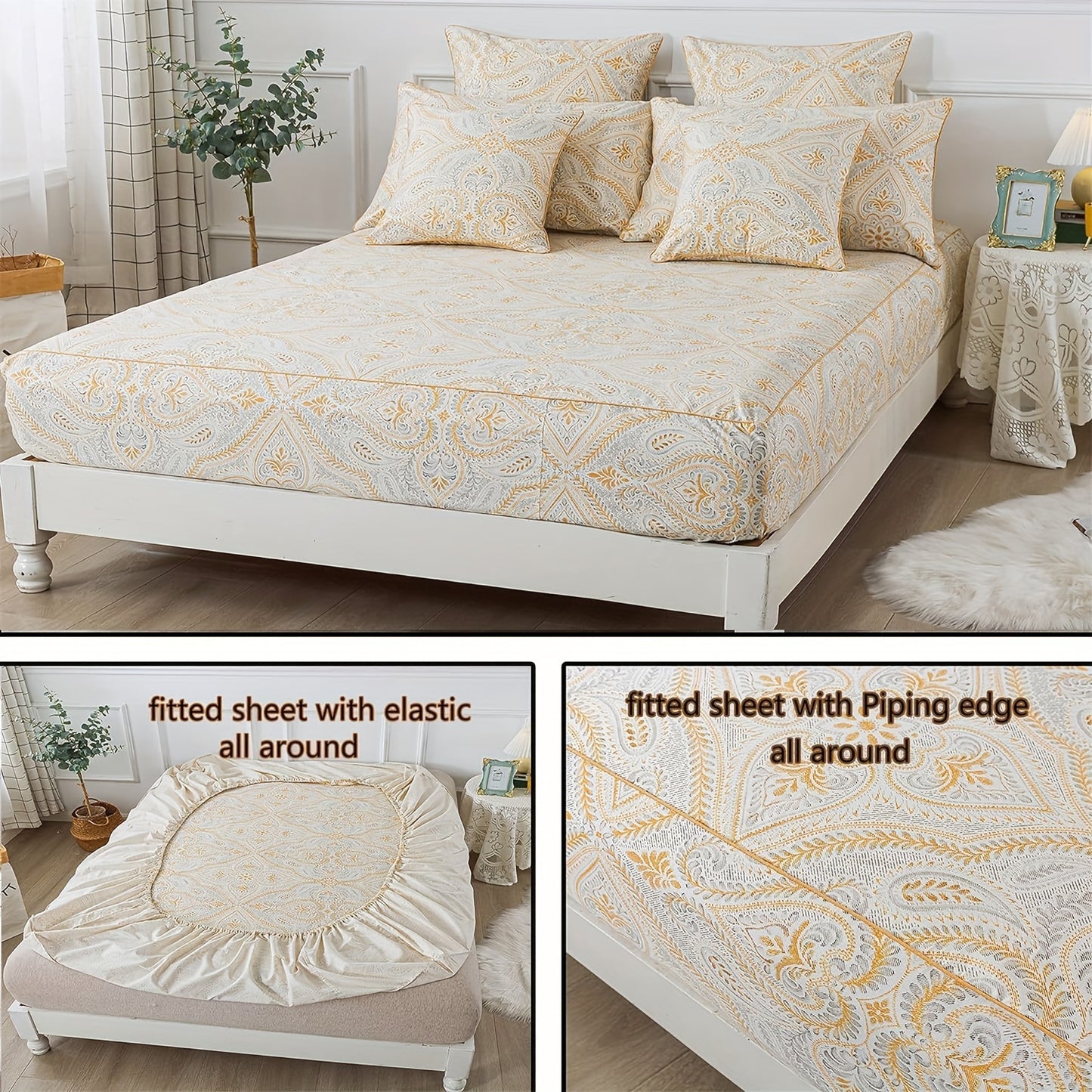 4pcs 100% Sheets Set Classical Damask Paisley Bedding Luxurious Golden Classy Paisley Bed Sheet Set Breathable