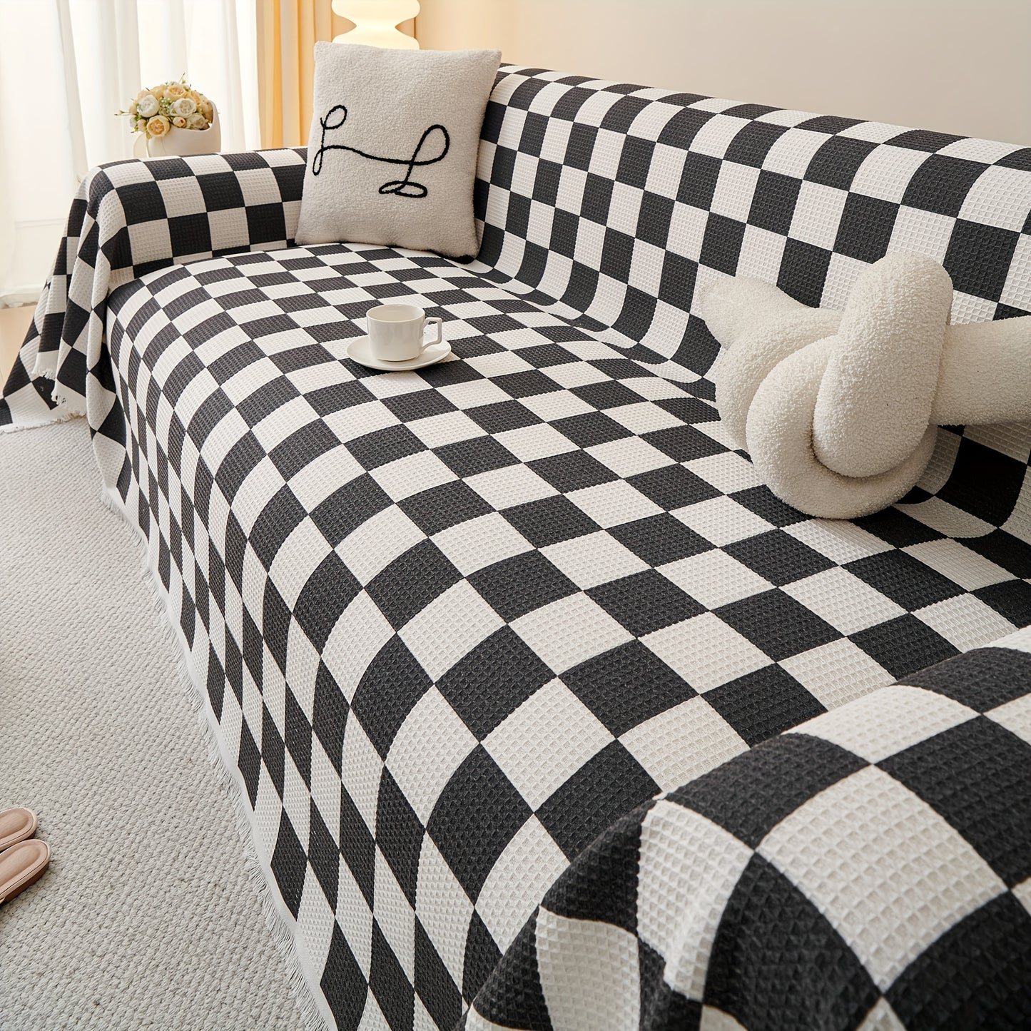 Pet-Friendly Sofa Cover Pet-Friendly Black & White Checkered Sofa Cover - Luxurious European Style