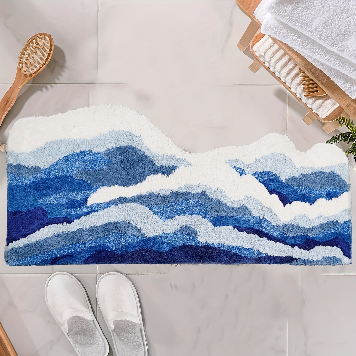 Wave Pattern Plush Soft Area Rug, Ocean-Themed Irregular Shaped Non-Slip TPR Backing Polyester Carpet