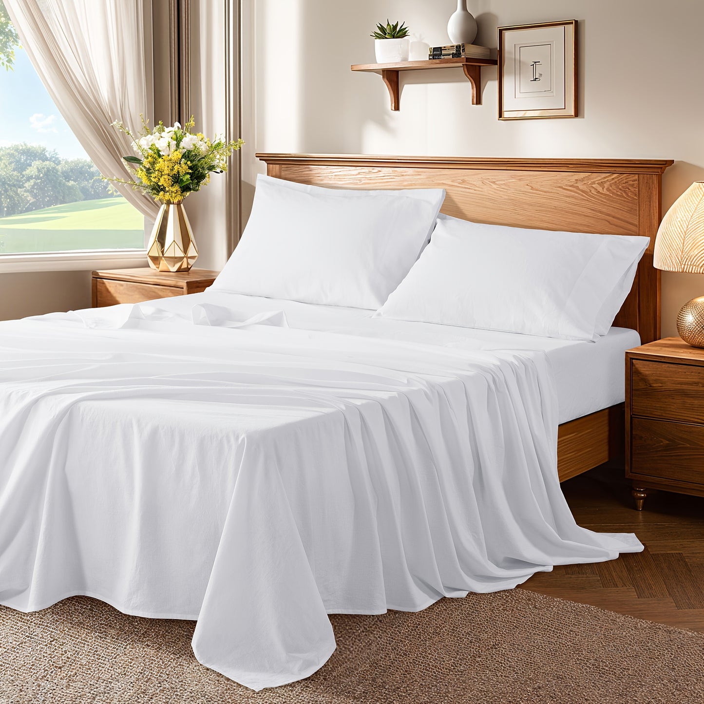 4pcs Linen Bed Set, Breathable and Durable Bed Sheets, 16-Inch Deep Pocket Fitted Sheet