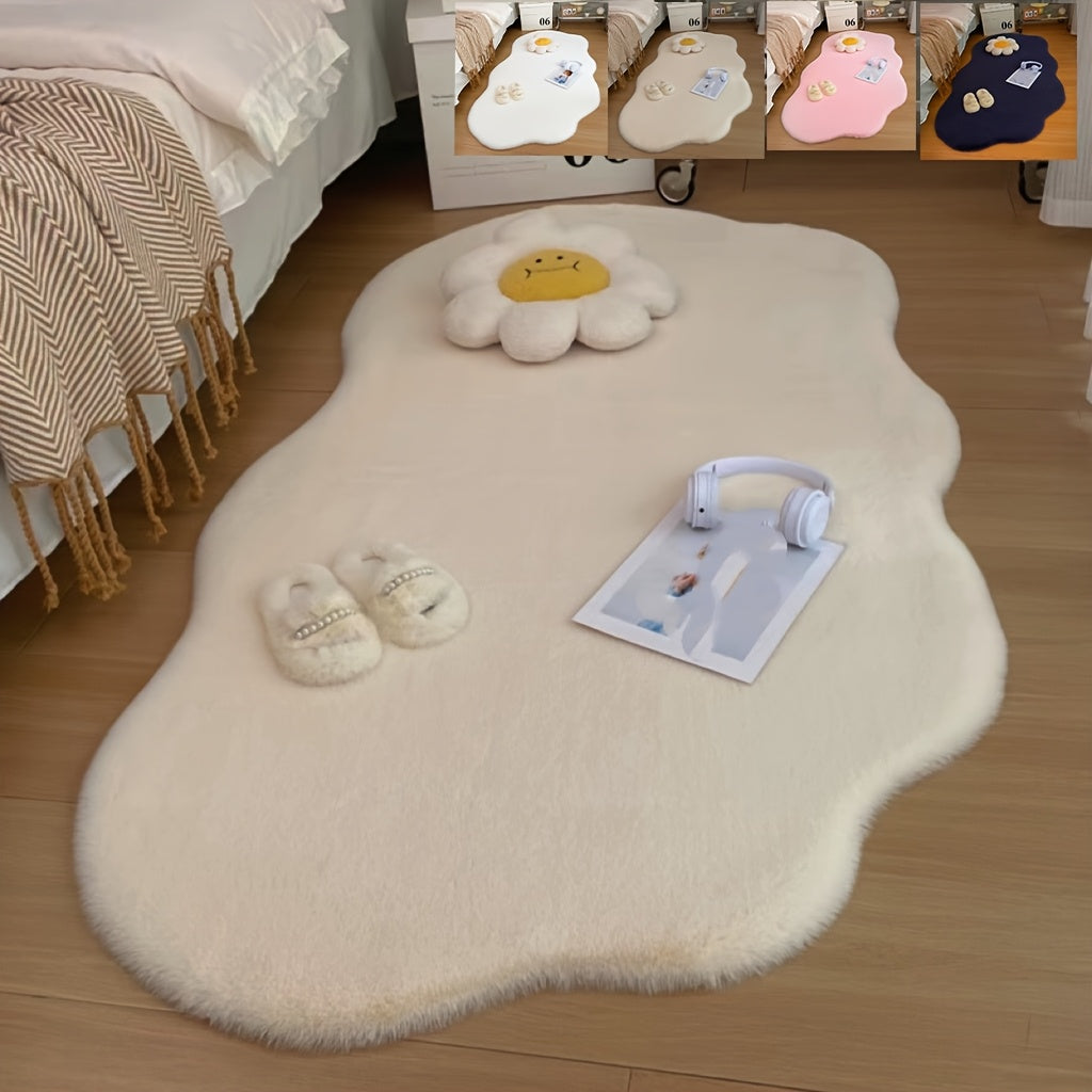 A Uniquely Shaped Solid Color Rug Made of Faux Rabbit Fur Material, Featuring a Fluffy