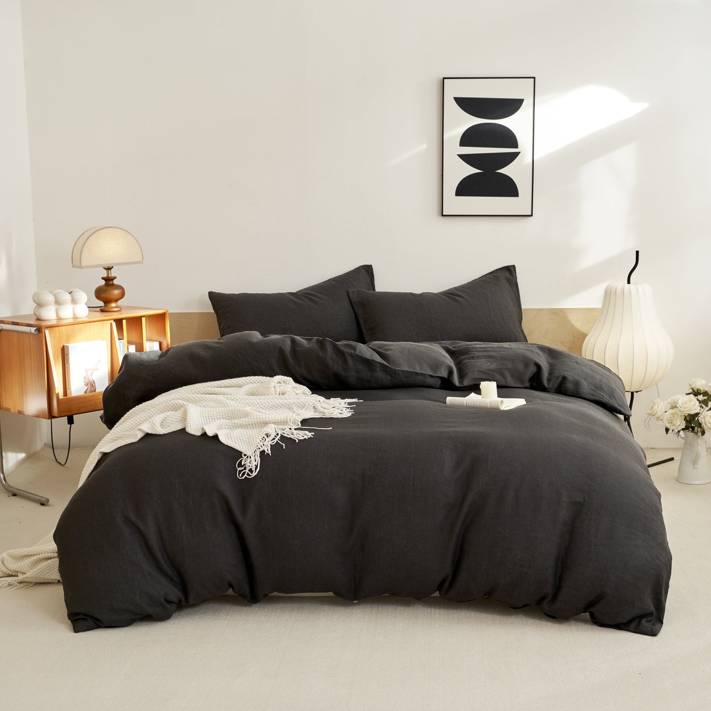 4pcs 100% French Linen Double Bedding Set, 4pcs Set Includes 1 Duvet Cover