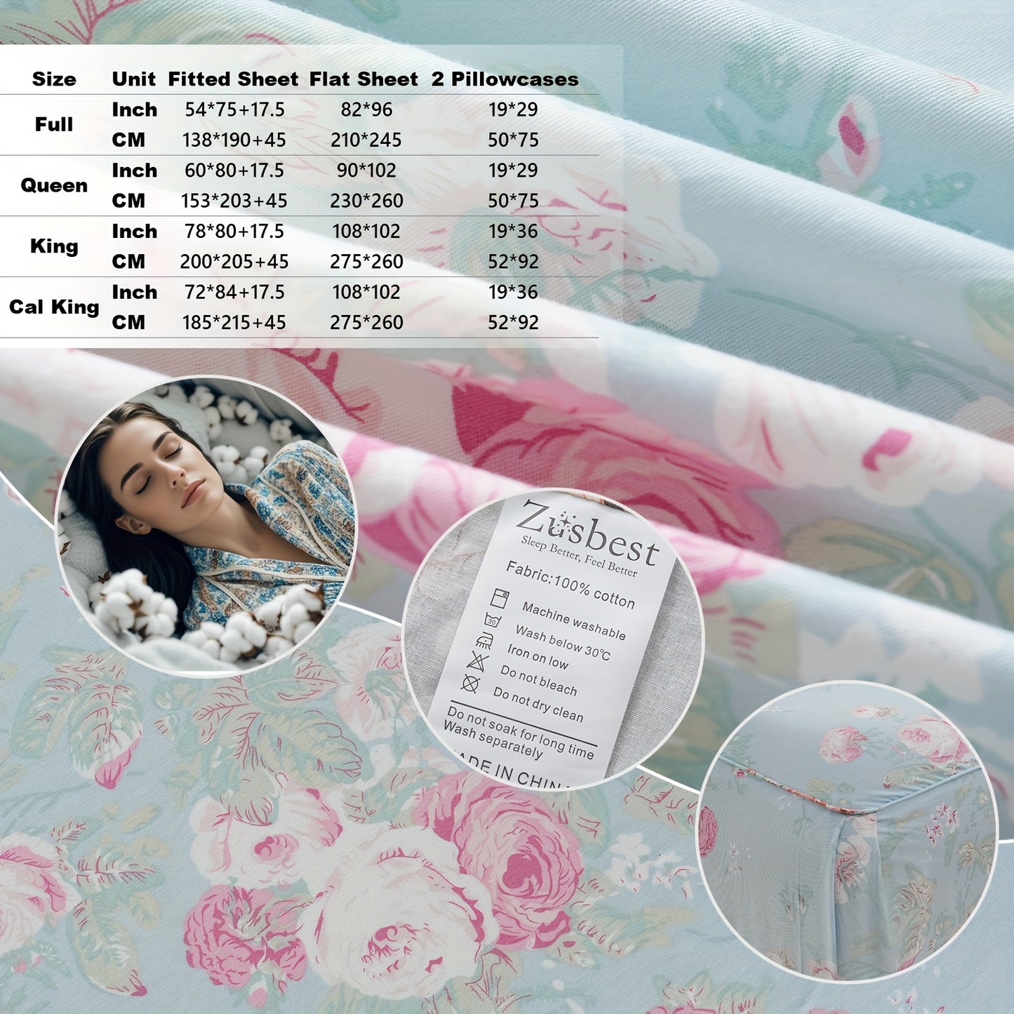 Zusbest 4pcs 100% Cotton Blue Floral Bed Sheets Set Luxury Shabby