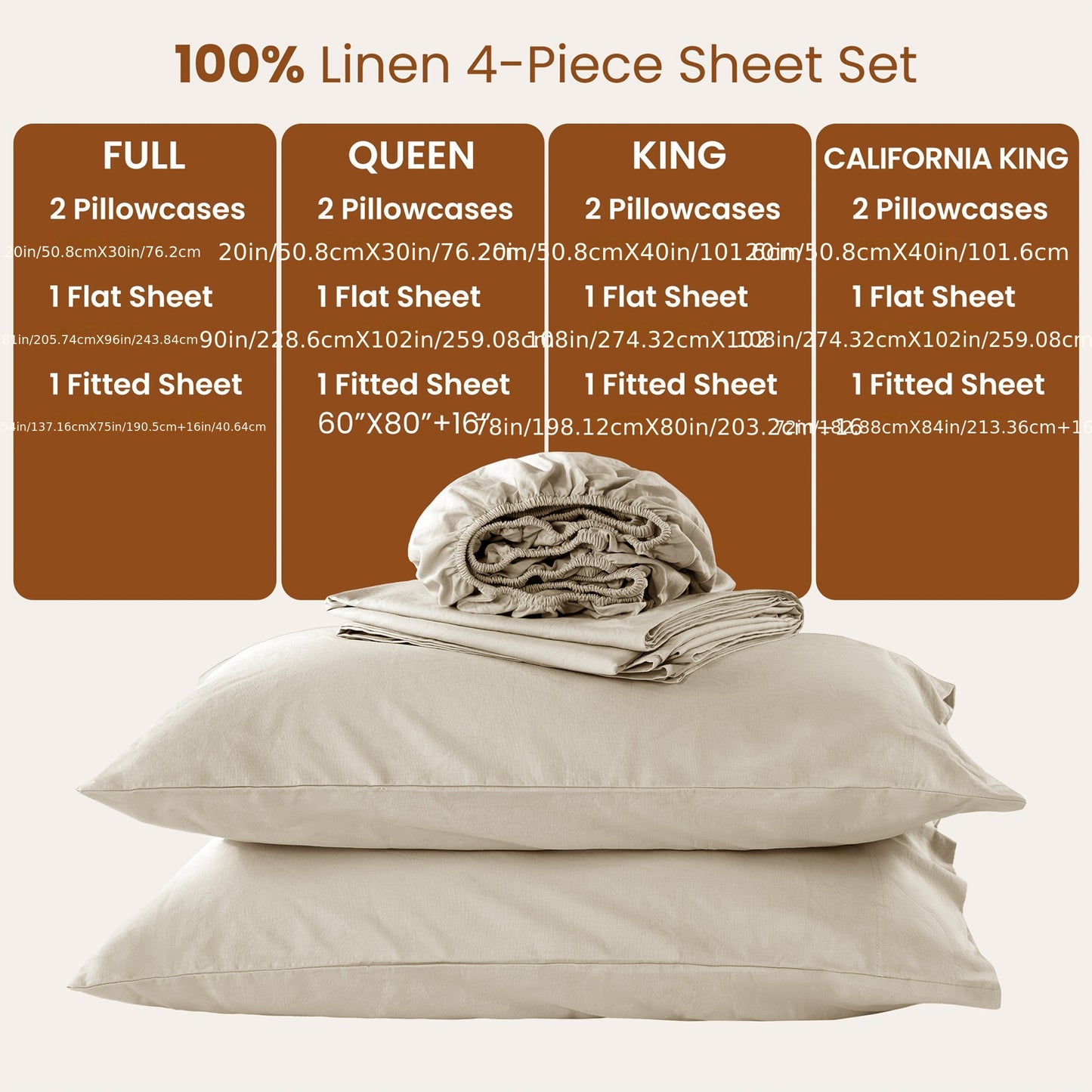 4pcs Linen Bed Set, Breathable and Durable Bed Sheets, 16-Inch Deep Pocket Fitted Sheet