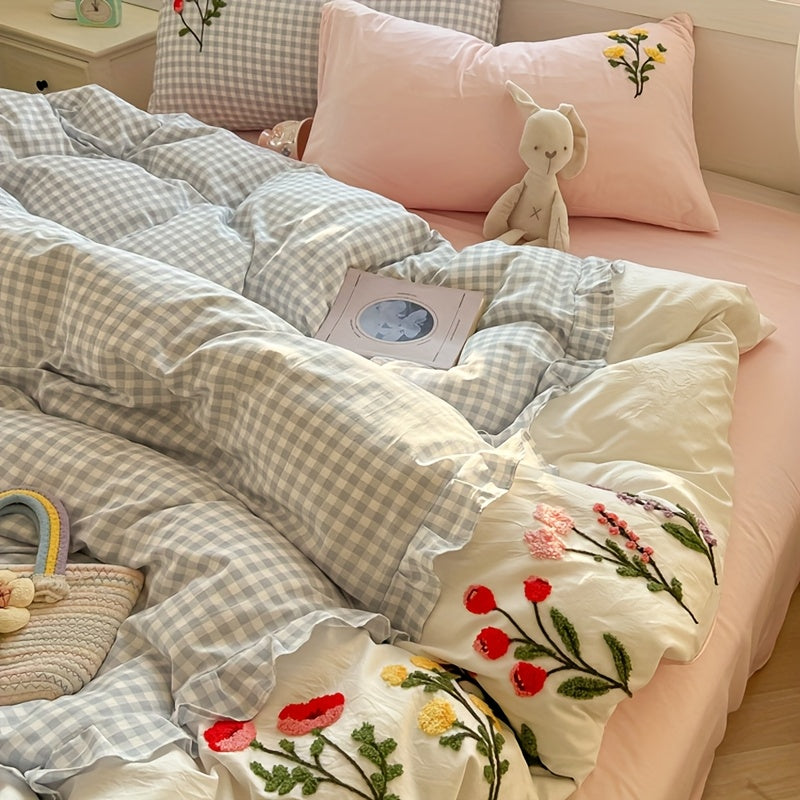 Flower and Lace Bedding Set, Blue Plaid + Colorful Floral Pattern
