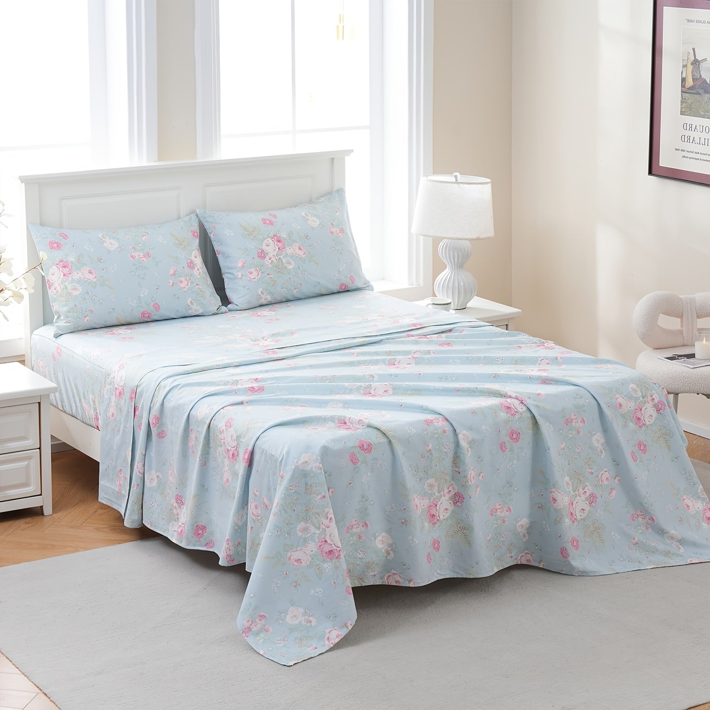 Zusbest 4pcs 100% Cotton Blue Floral Bed Sheets Set Luxury Shabby