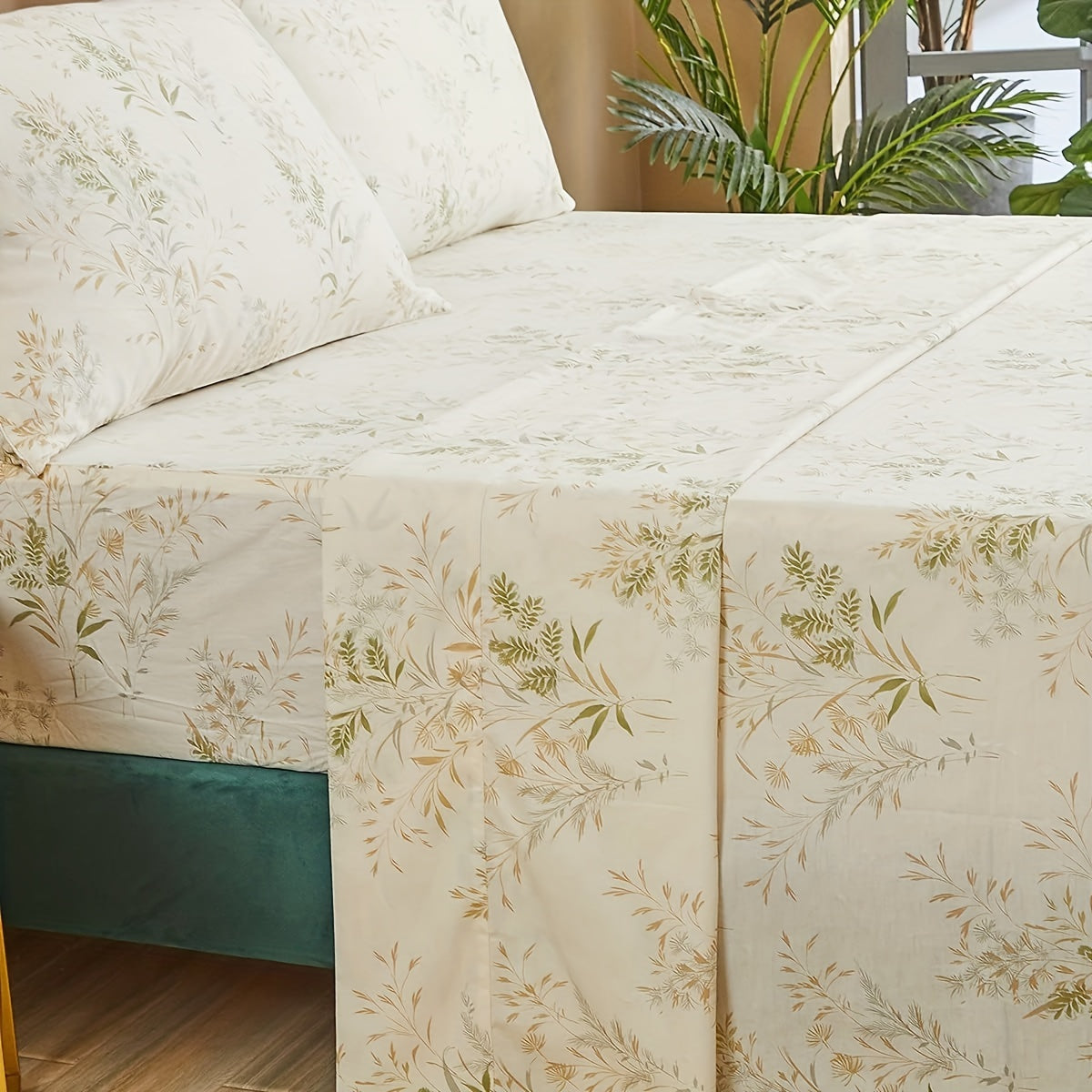 Botanical Bliss 4pcs Bedding Set - Ultra-Soft 100% Cotton, Breathable Floral & Leaf Print with Deep Pockets