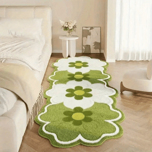 1pc Plush Soft Pink & Green Irregular Flower Shaped Mat - Large Oval-like Bedside Mat