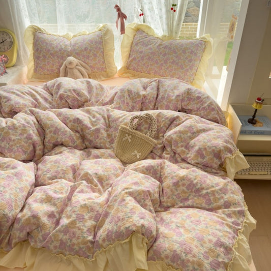 4pcs Bed Sheet Set, Trendy Small Floral American Lace Bedding Set