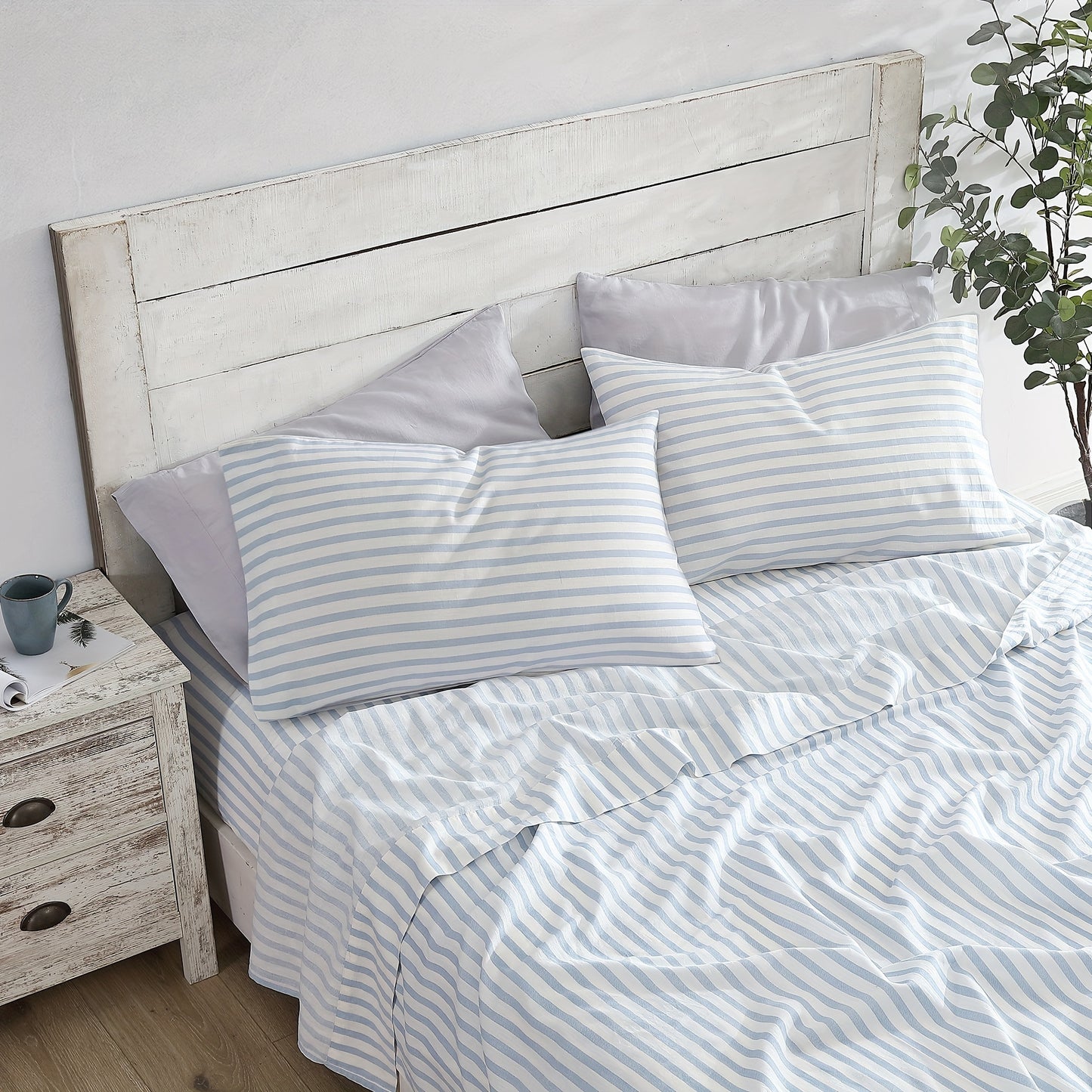 Queen Sheet Set 4 Pcs - 55% Linen, 45% Cotton Striped Sheet Set