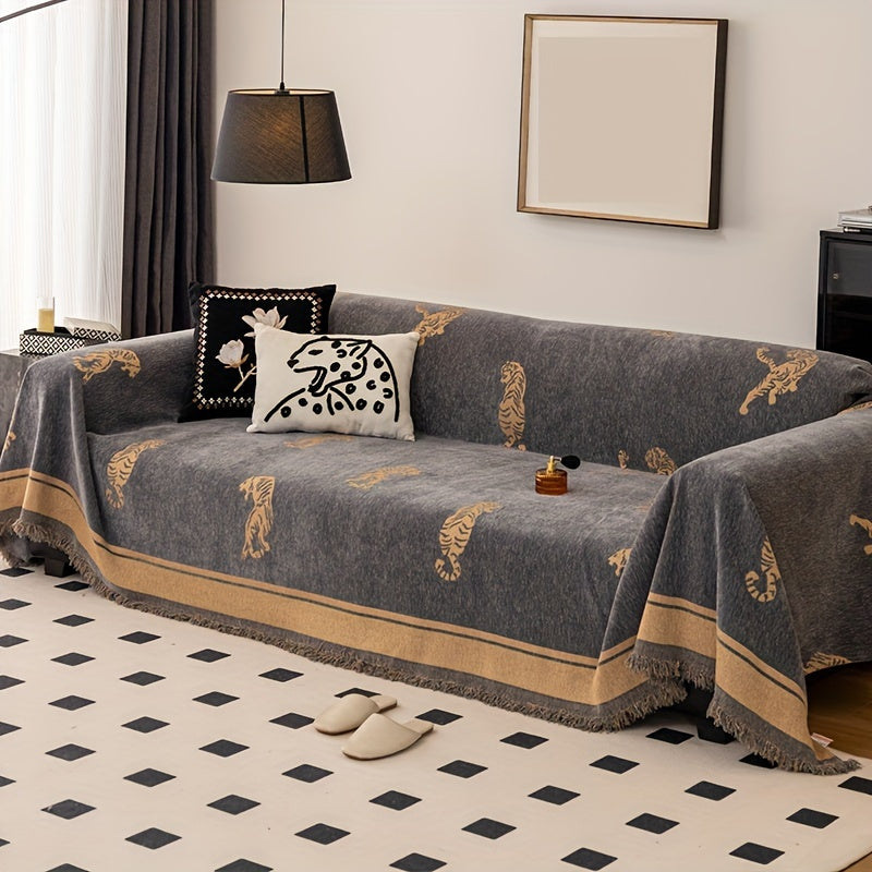 1pc Luxury Tiger Pattern Sofa Cover, 1pc Reversible Velvet Sofa Throw Blanket For Living Room