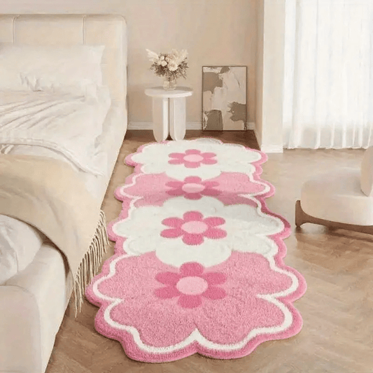 1pc Plush Soft Pink & Green Irregular Flower Shaped Mat - Large Oval-like Bedside Mat