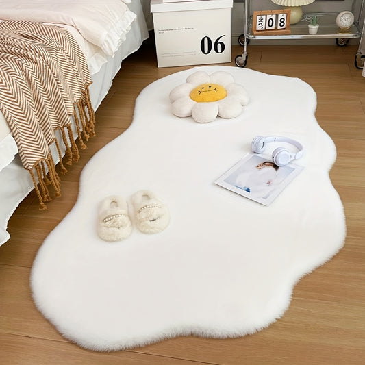 A Uniquely Shaped Solid Color Rug Made of Faux Rabbit Fur Material, Featuring a Fluffy