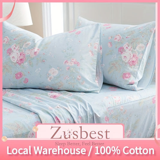 Zusbest 4pcs 100% Cotton Blue Floral Bed Sheets Set Luxury Shabby