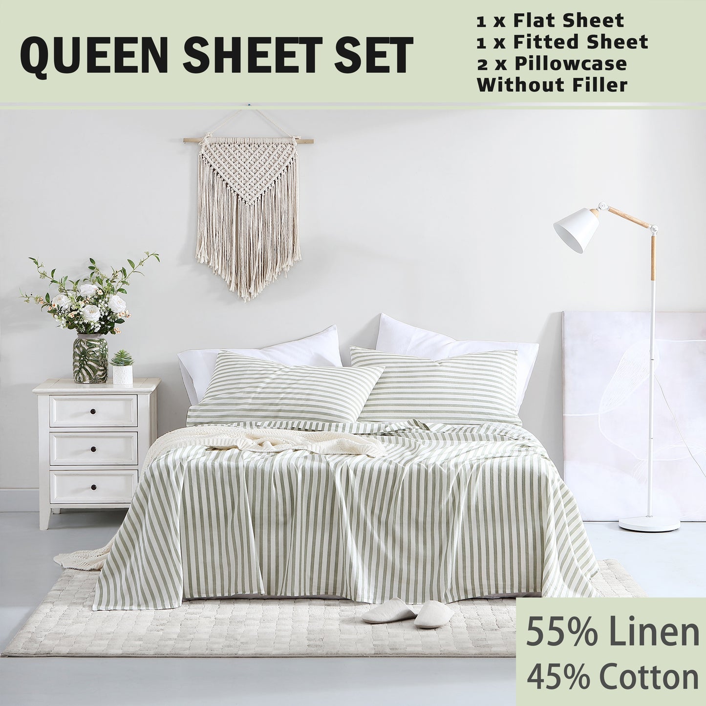 Queen Sheet Set 4 Pcs - 55% Linen, 45% Cotton Striped Sheet Set