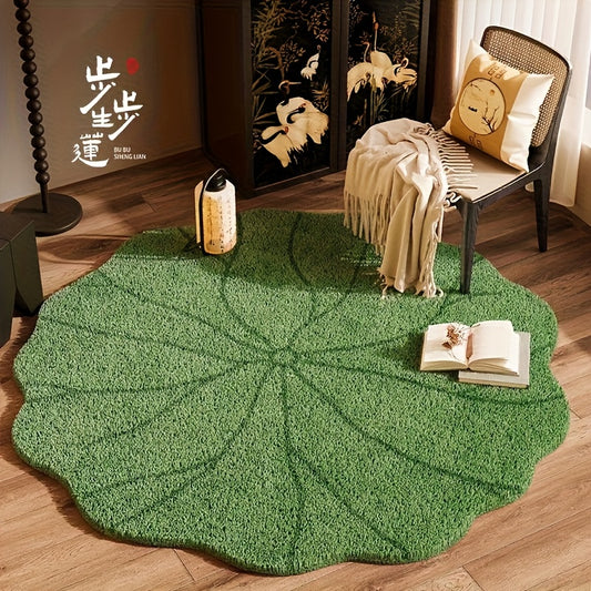 Green Leaf-Shaped Irregular Round Mat with High-Definition Print