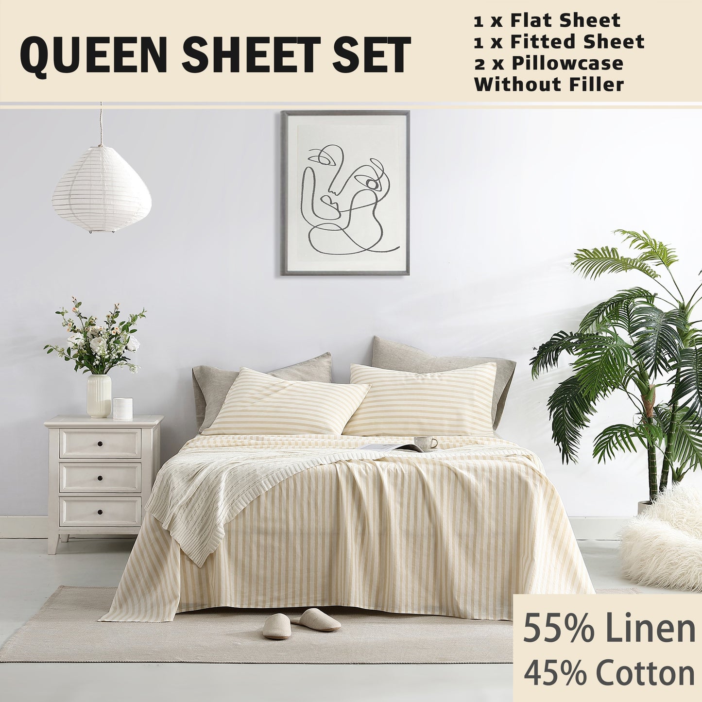Queen Sheet Set 4 Pcs - 55% Linen, 45% Cotton Striped Sheet Set