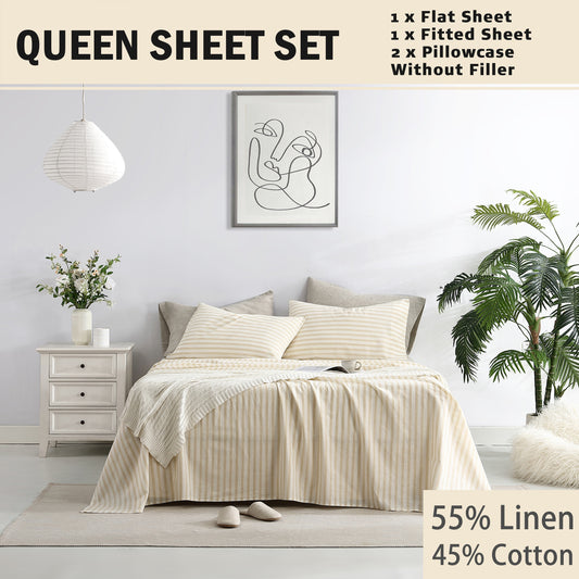 Queen Sheet Set 4 Pcs - 55% Linen, 45% Cotton Striped Sheet Set